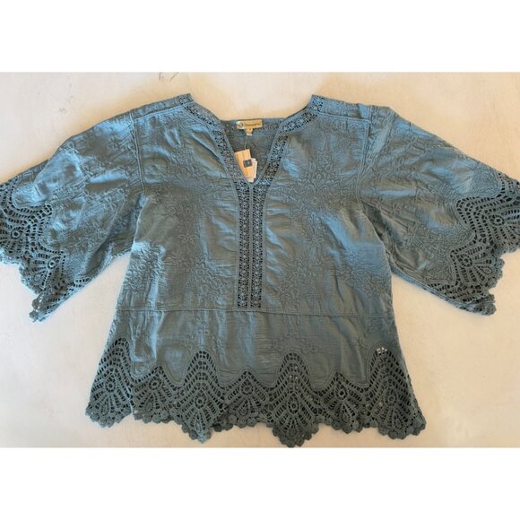 Democracy NWT Dusty Blue Cotton Embroidered Sz M Cottage Blouse Crocheted Lace - Picture 3 of 15